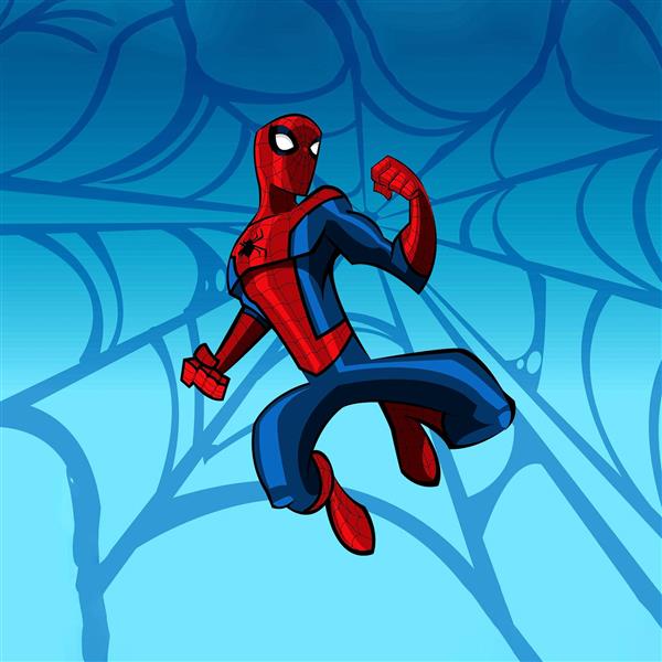 عکس مرد عنکبوتی در پس زمینه آبی به شکل تار عنکبوت