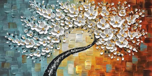 تابلو نقاشی برجسته درخت با شکوفه های سفید در زمینه رنگارنگ