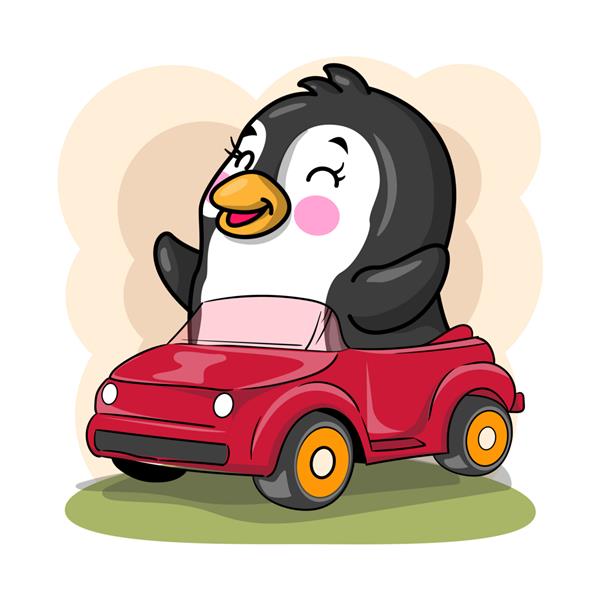 تصویر کارتونی ناز پنگوئن سوار بر ماشین برای بچه ها