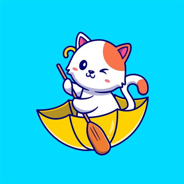 گربه ناز پارویی با تصویر کارتونی قایق چتری مفهوم تعطیلات حیوانات جدا شده است سبک کارتونی تخت