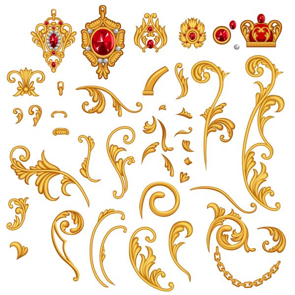 مجموعه ای از عناصر طومار جواهرات طلایی با سنگ های جواهر یاقوت تاج زنجیر برای قاب دکور به سبک روکوکو