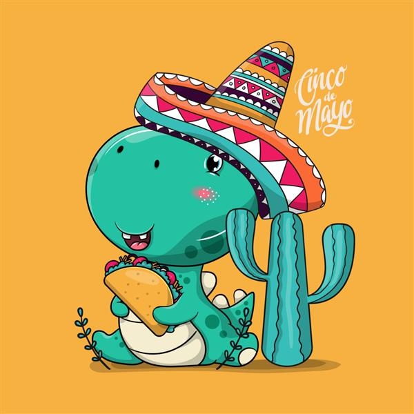 دایناسور کارتونی زیبا با کلاه مکزیکی و تاکو سینکو د مایو