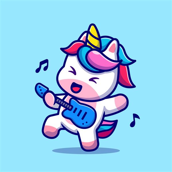 کارتونی اسب شاخدار ناز در حال نواختن گیتار سبک کارتونی تخت