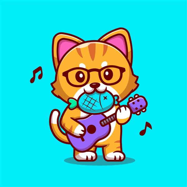 کارتون گربه ناز در حال نواختن گیتار با ماهی سبک کارتونی تخت