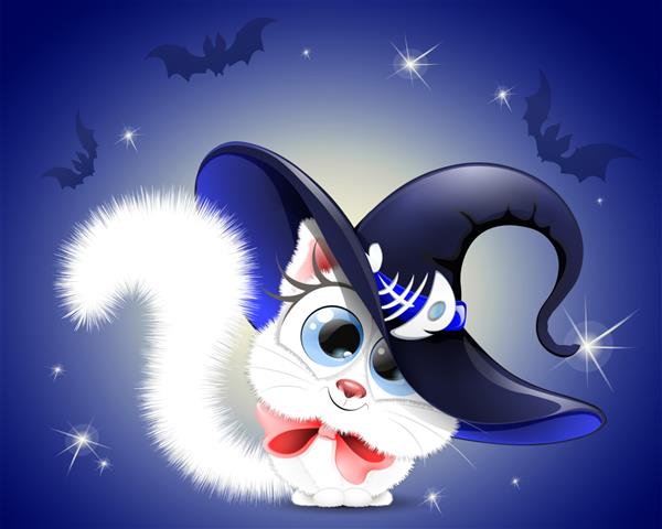 گربه کارتونی سفید کرکی و ناز با کلاه جادوگر با کمربند استخوان ماهی و کمان قرمز