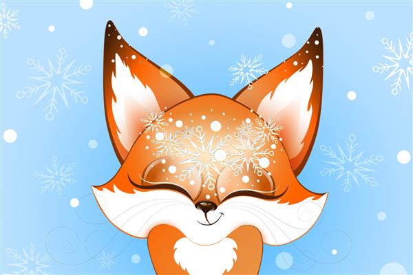 روباه زمستانی کارتونی قرمز کرکی زیبا از نزدیک با تاج گل دانه های برف