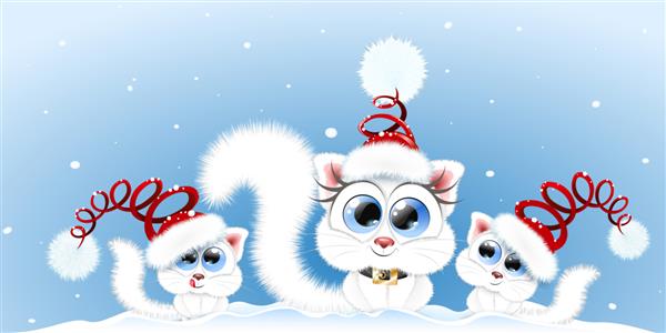 خانواده گربه کریسمس کارتونی سفید کرکی ناز با کلاه بابا نوئل در زیر بارش برف زمستانی