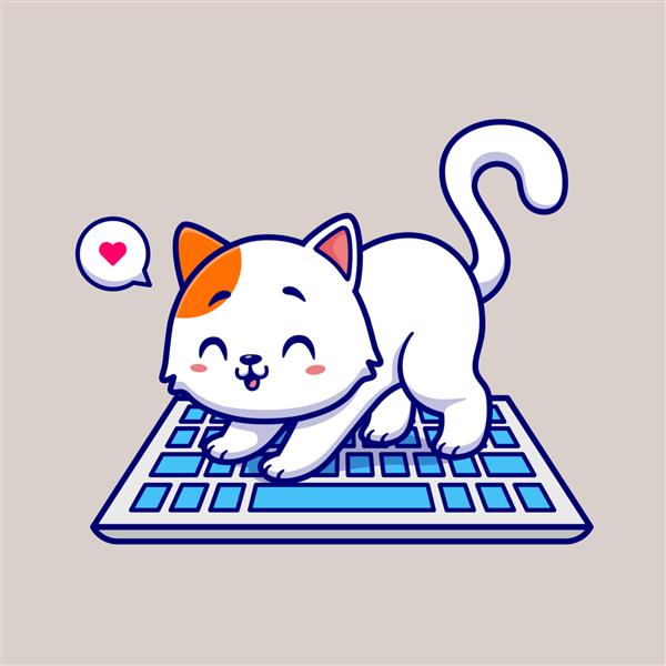 تصویر وکتور کارتونی گربه ناز در حال بازی روی صفحه کلید کامپیوتر فناوری حیوانات جدا شده است