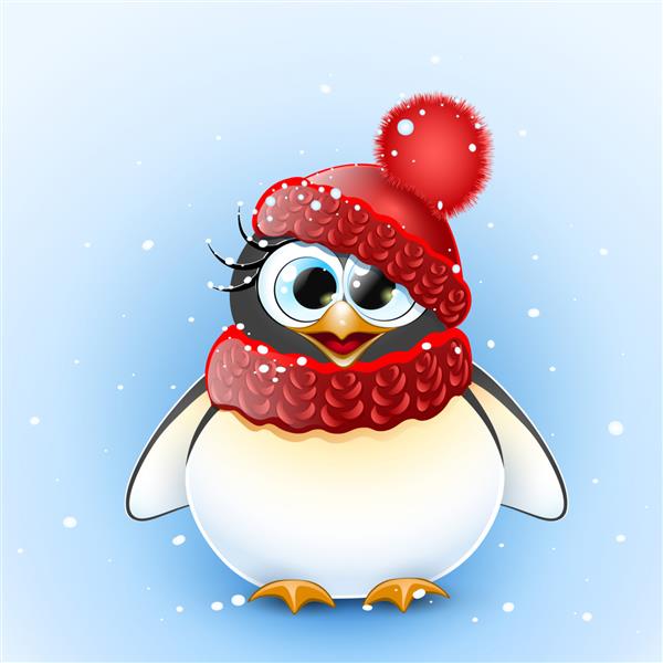 دختر بچه پنگوئن بامزه کارتونی بامزه با کلاه بافتنی و شال گردن زیر بارش برف زمستانی