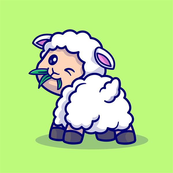 تصویر آیکون وکتور کارتونی گوسفند ناز در حال خوردن علف مفهوم نماد طبیعت حیوانی جدا شده تخت