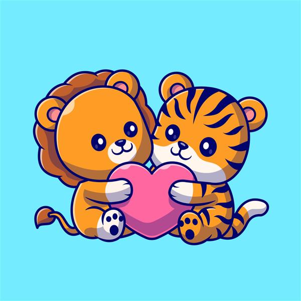تصویر وکتور کارتونی قلب عشق شیر و ببر ناز در آغوش می گیرند آیکون عشق حیوانات جدا شده تخت