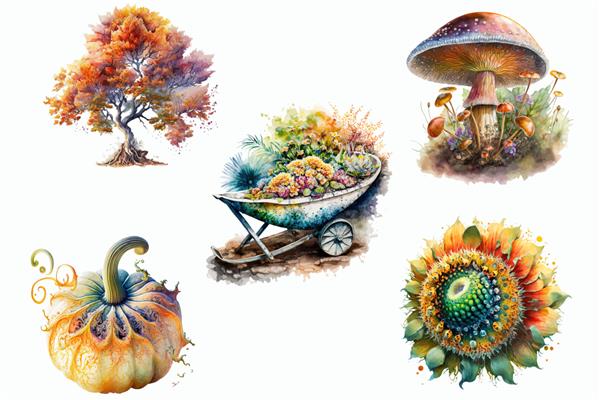 مجموعه ای از تصاویر آبرنگ از گیاهان و درختان پاییزی با طراحی دستی جدا شده روی پس زمینه سفید به سبک بوهو