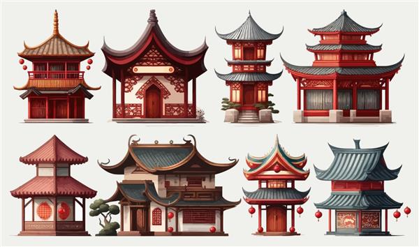 مجموعه کارتونی خانه ها یا فروشگاه های چینی یک الگوی زیبا برای تصویر کارتونی تخت بازی جدا شده بر روی پس زمینه