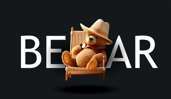 یک خرس عروسکی زیبا با کلاه حصیری در حال آفتاب گرفتن در یک صندلی آفتابگیر تصویر جذاب خنده دار