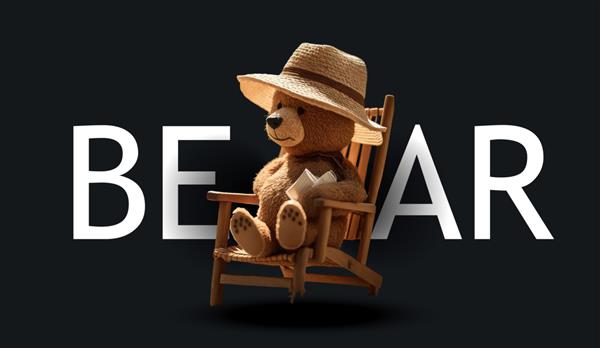 یک خرس عروسکی زیبا با کلاه حصیری در حال آفتاب گرفتن در یک صندلی آفتابگیر تصویر جذاب خنده دار