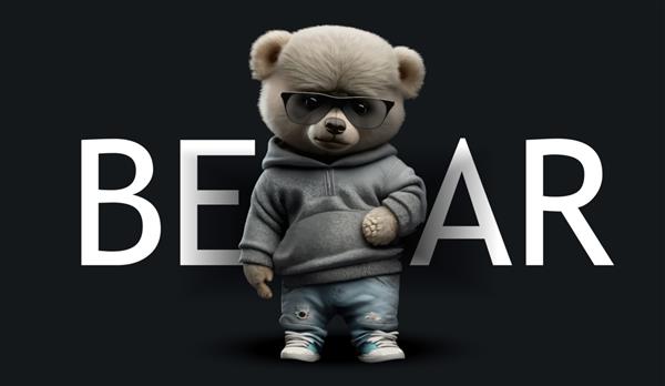 خرس عروسکی ناز با ژاکت خاکستری و عینک آفتابی جین تصویر جذاب خرس عروسکی روی یک چاپ پس زمینه سیاه برای تصویر برداری لباس یا کارت پستال شما
