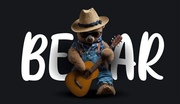 خرس عروسکی بامزه پوشیده با کلاه حصیری عینک آفتابی در حال نواختن گیتار تصویر جذاب خرس عروسکی روی یک چاپ پس زمینه مشکی برای تصویر برداری لباس یا کارت پستال شما