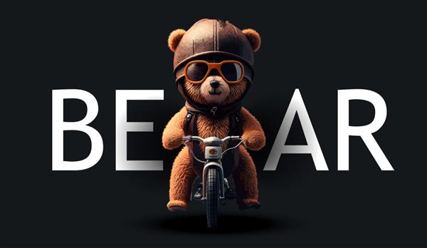 خرس عروسکی زیبا با لباس دوچرخه سوار بر روی دوچرخه تصویر خنده دار و جذاب از خرس عروسکی روی پس زمینه سیاه برای تصویر برداری لباس یا کارت پستال شما
