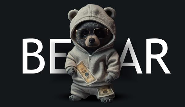 خرس عروسکی ناز با ژاکت خاکستری و عینک آفتابی جین تصویر جذاب خرس عروسکی روی یک چاپ پس زمینه سیاه برای تصویر برداری لباس یا کارت پستال شما