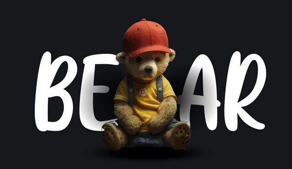 خرس عروسکی ناز با تی شرت زرد و کلاه قرمز تصویر جذاب خنده دار خرس عروسکی روی یک چاپ پس زمینه سیاه برای تصویر برداری لباس یا کارت پستال شما