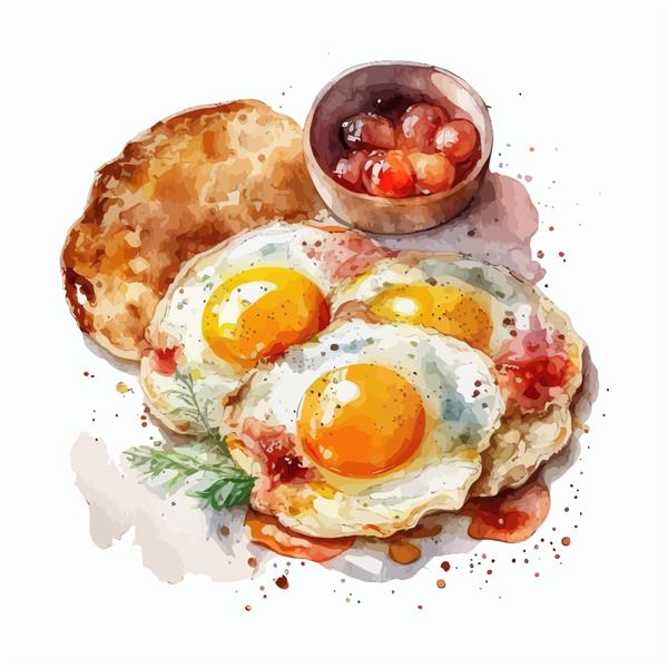 تصویر صبحانه با دست کشیده شده با آبرنگ از تخم مرغ های سرخ شده تصویر دستی جدا شده روی پس زمینه سفید به سبک بوهو