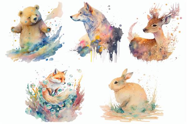 مجموعه حیوانات سافاری خرگوش خرگوش آهو روباه وحشی گرگ وحشی در تصویر برداری جدا شده به سبک آبرنگ