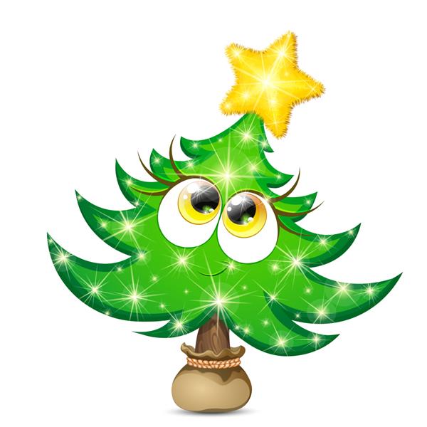 شخصیت دختر درخت صنوبر بامزه با ستاره براق زرد و چراغ های کریسمس در یک کیسه گلدانی