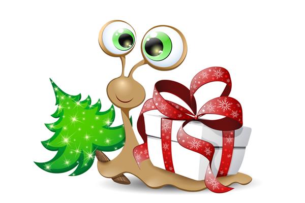 حلزون کارتونی خنده دار با صدف جعبه هدیه کریسمس درخت صنوبر کریسمس را در دست دارد مفهوم کریسمس