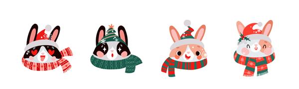 مجموعه ای از سرهای خرگوش کارتونی زیبا با کلاه های خنده دار برای فصل کریسمس