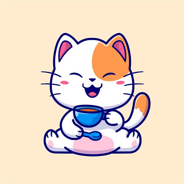 گربه ناز در حال نوشیدن قهوه در تصویر وکتور کارتونی فنجان مفهوم نماد نوشیدنی حیوانی جدا شده است