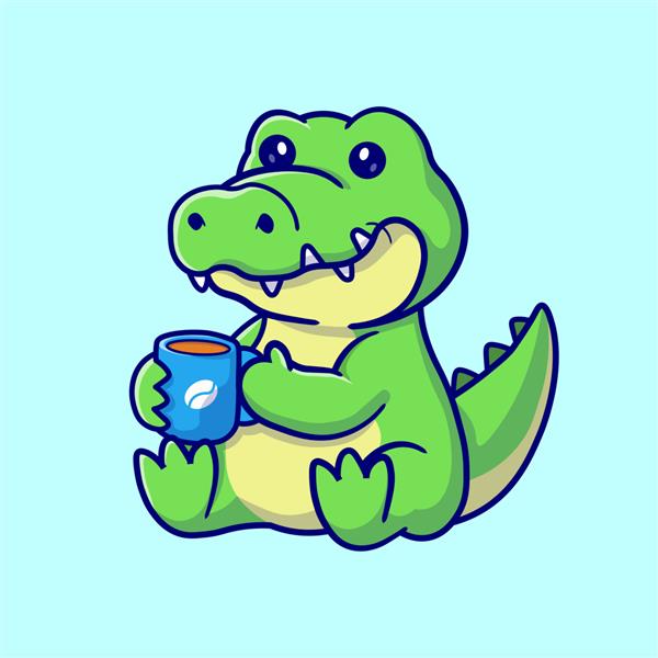 تصویر وکتور کارتونی تمساح ناز در حال نوشیدن قهوه مفهوم نماد نوشیدنی حیوانی جدا شده است
