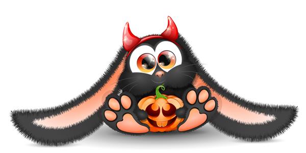 خرگوش سیاه کارتونی کرکی ناز با هدبند با شاخ هالووین شیطان و کدو تنبل خنده دار در پنجه هایش