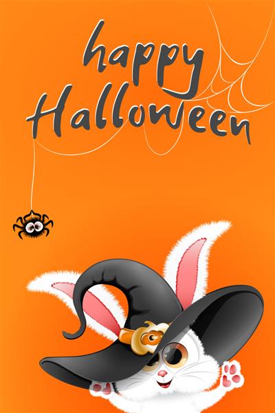 اسم حیوان دست اموز کارتونی بامزه با کلاه جادوگر در پس زمینه نارنجی با متن مبارک هالووین و کوچولو
