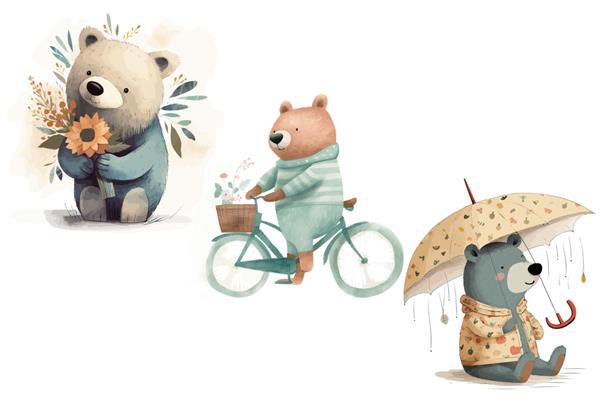 مجموعه حیوانات سافاری خرس زیر چتر روی دوچرخه با یک دسته گل در تصویر برداری جدا شده به سبک سه بعدی