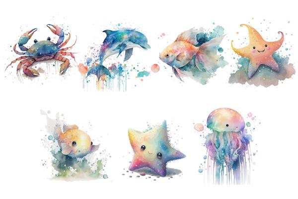 مجموعه حیوانات سافاری ستاره دریایی خرچنگ دلفین چتر دریایی در تصویر برداری جدا شده به سبک آبرنگ