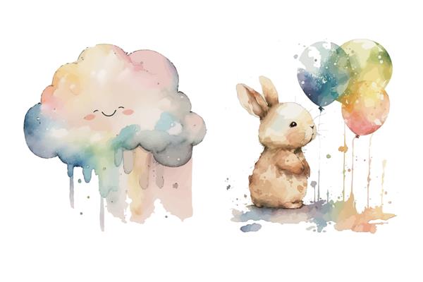مجموعه ای از ابر خرگوش و بادکنک در تصویر برداری جدا شده به سبک آبرنگ