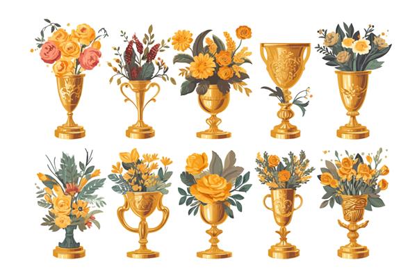 جایزه جام طلا با مجموعه گل های شکوفه جدا شده بر روی تصویر وکتور کارتونی پس زمینه