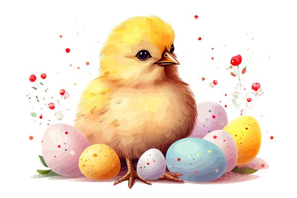 طرح کارت تبریک روز عید پاک با مرغ بامزه و بامزه و تخم مرغ های رنگی رنگی جدا شده بر روی تصویر وکتور کارتونی پس زمینه