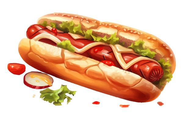 ساندویچ آمریکایی هات داگ با سوسیس گوشت و سبزیجات بین نان های بلند جدا شده در تصویر وکتور کارتونی پس زمینه