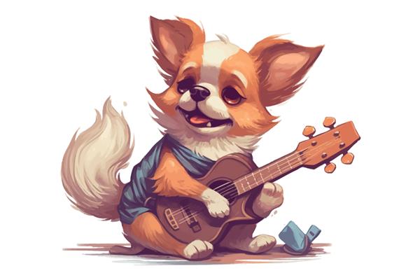 سگ ناز در حال نواختن گیتار در حال اجرای موسیقی بر روی ساز زهی جدا شده بر روی تصویر وکتور کارتونی پس زمینه