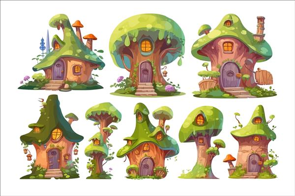 خانه های الف های کارتونی جدا شده بر روی تصویر برداری کارتونی پس زمینه