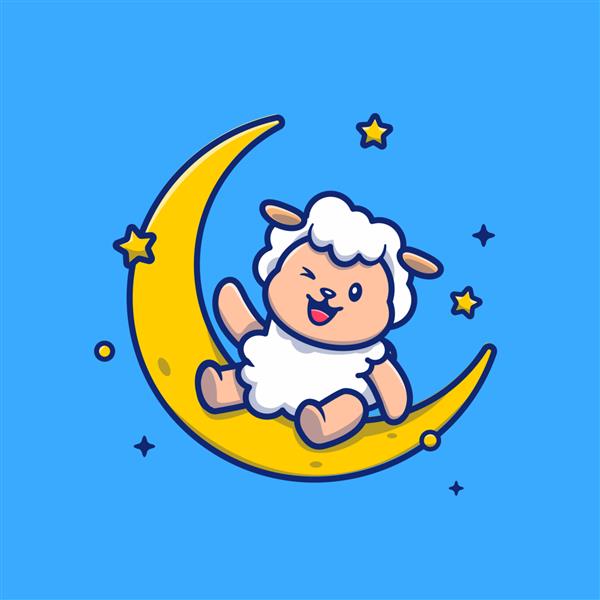 تصویر آیکون کارتونی گوسفند ناز نشسته روی ماه مفهوم آیکون دین حیوانات جدا شده است سبک کارتونی تخت