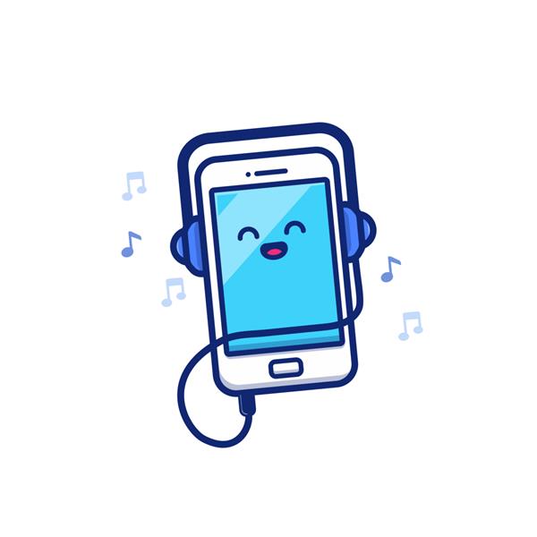 گوش دادن به موسیقی تلفن همراه زیبا با تصویر نماد کارتونی هدفون مفهوم نماد موسیقی و فناوری جدا شده است سبک کارتونی تخت