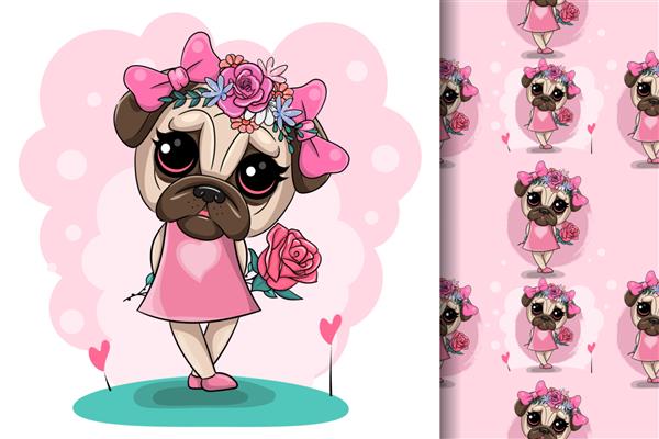 کارت تبریک دختر توله سگ با گل در پس زمینه صورتی