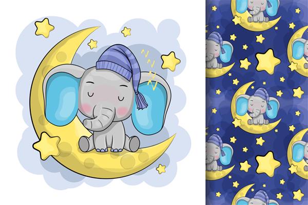 فیل کارتونی زیبا روی ماه خوابیده است