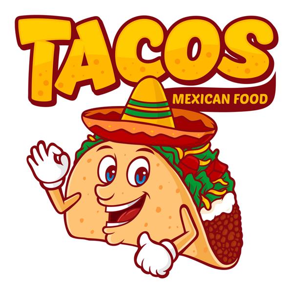 الگوی لوگوی غذای مکزیکی Tacos با وکتور شخصیت خنده دار