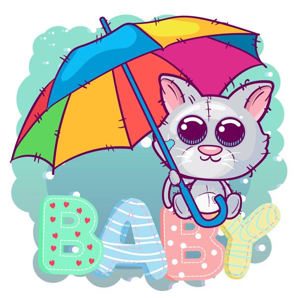 بچه گربه کارتونی ناز با چتر