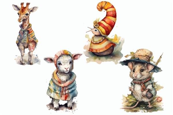 مجموعه حیوانات سافاری گوسفند و موش حلزون زرافه در تصویر برداری جدا شده به سبک سه بعدی