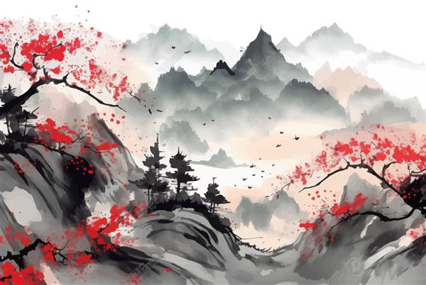 نقاشی تلطیف شده با جوهر سیاه از کوه ها در تصویر برداری سنتی به سبک مینیمالیستی ژاپنی شرقی