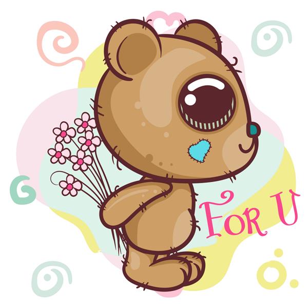 کارت پستال خرس کارتونی زیبا با گل - وکتور